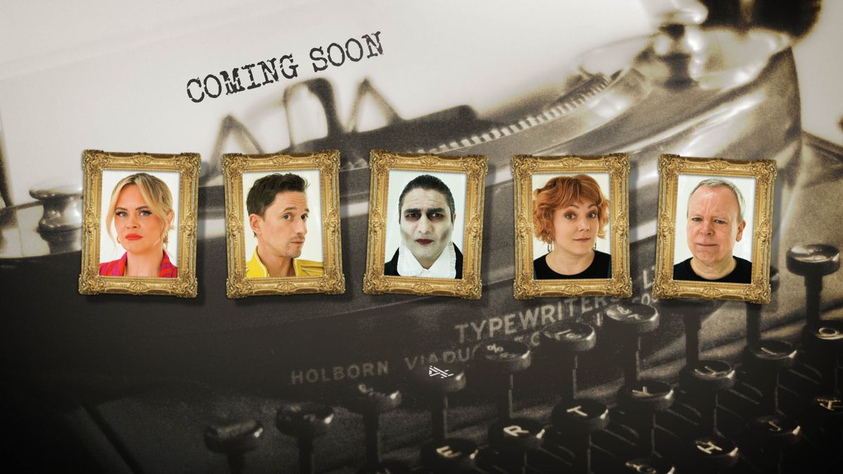 The lineup of comedians on Taskmaster Series 17, all framed in portraits and against a typewriter background: Joanne McNally, John Robins, Nick Mohammed, Sophie Willan, and Steve Pemberton.