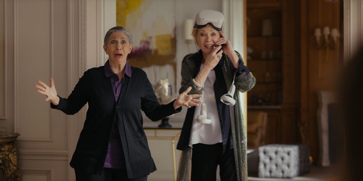 Rose Abdoo and Jean Smart express delight in Hacks, as Smart wears a VR headset