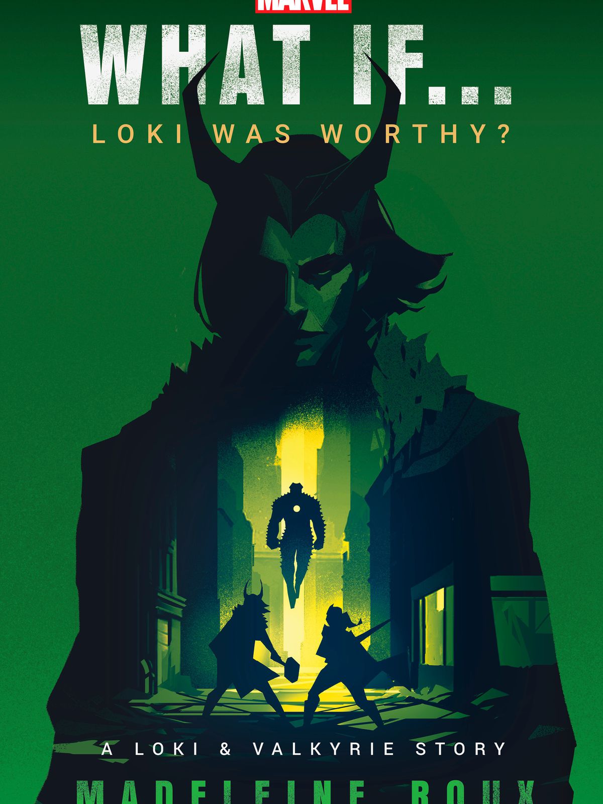 Tänk om... Loki var värd bokomslag med silhuetter av Loke och Valkyrie som slåss mot en jagare inuti en kontur av Loki