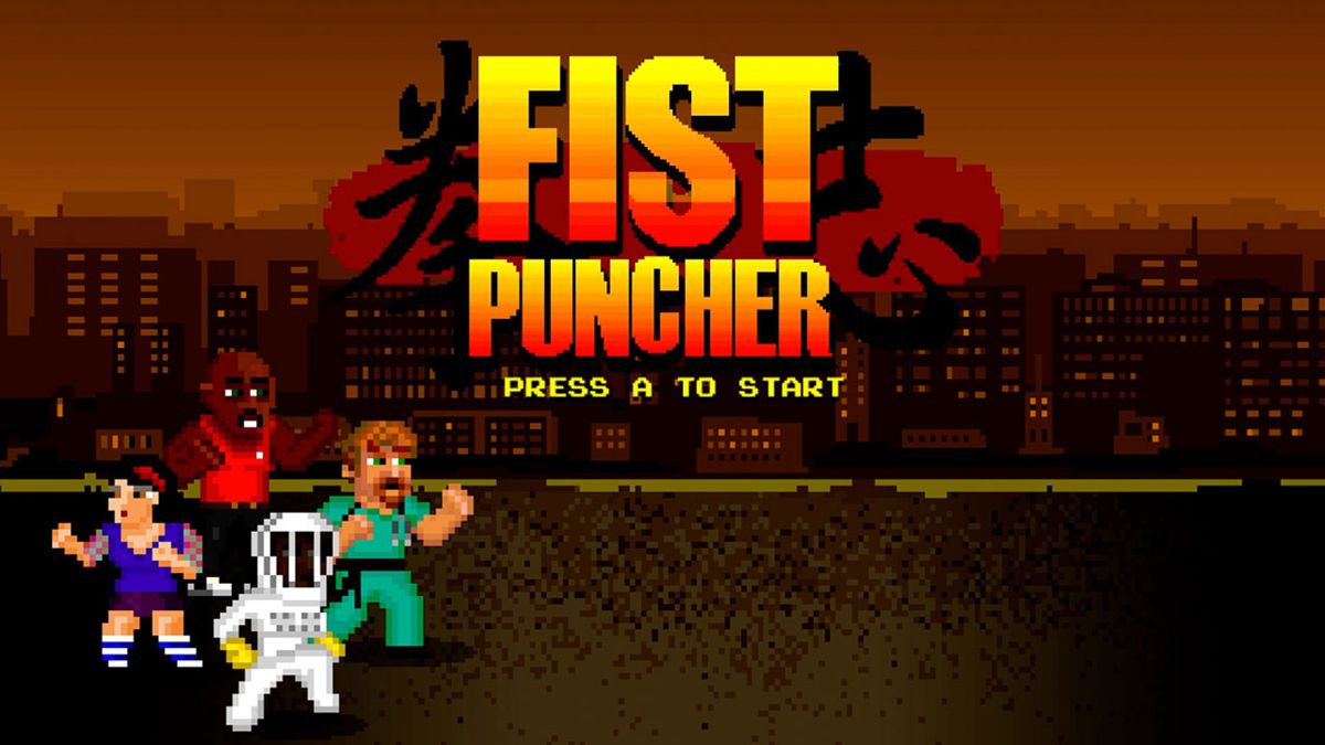 Startmenyn för Fist Puncher.  Fyra karaktärer är redo att slåss framför en stadsbild.