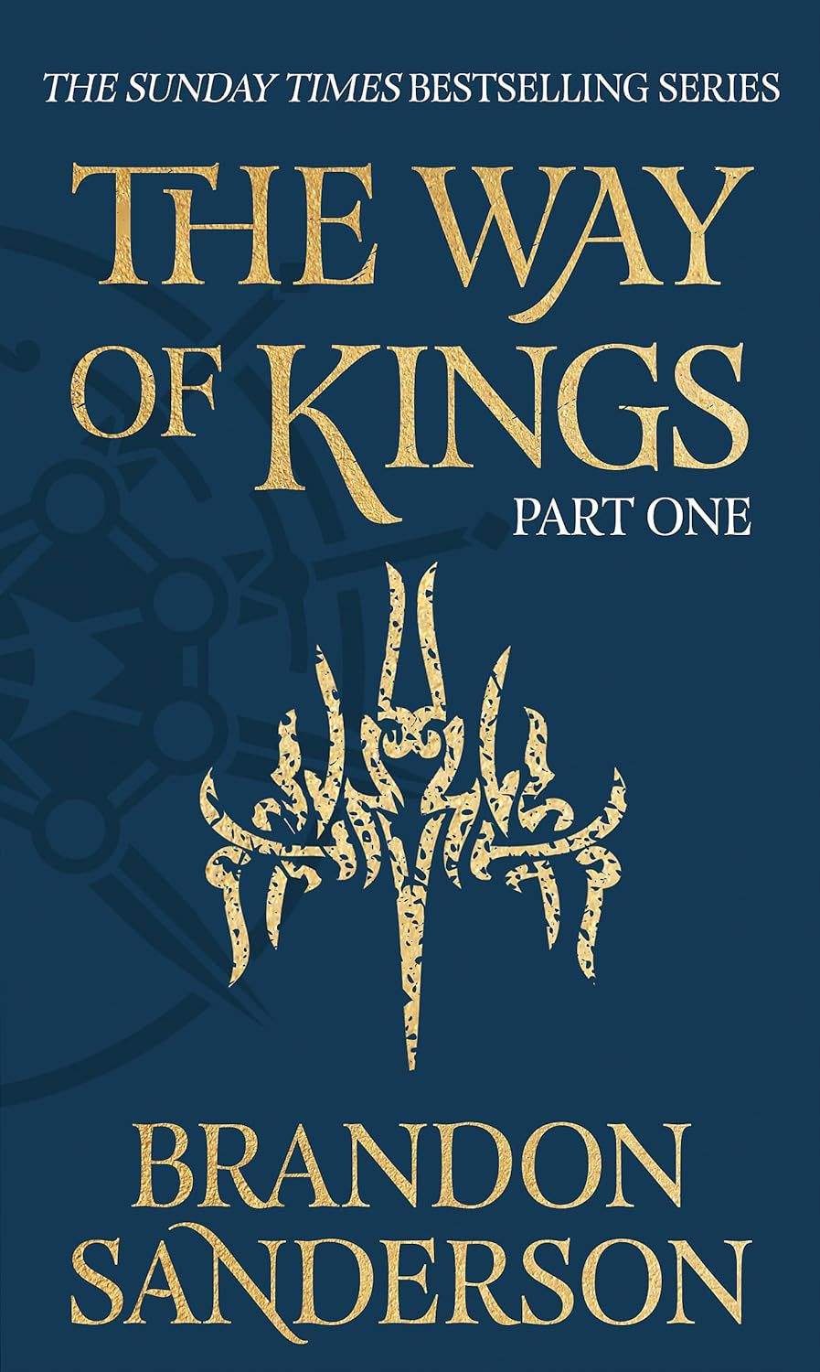 The book cover for The Way of Kings shows a simple golden design on a blue background.