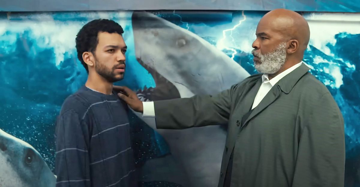 En äldre, skäggig man lägger sin hand på en yngre mans axel framför en hajaffisch.