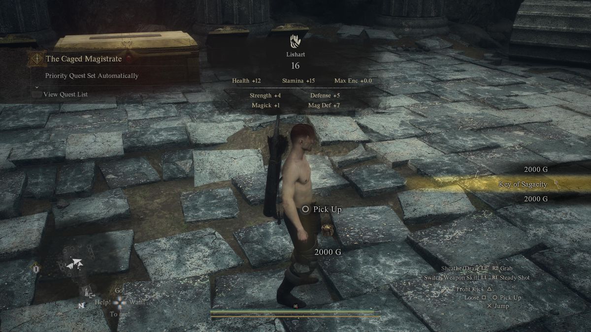 A Dragon’s Dogma 2 hero picks up the key to the final Sphinx chest after completing all Sphinx riddle solutions in “A Game of Wits” in Dragon’s Dogma 2.
