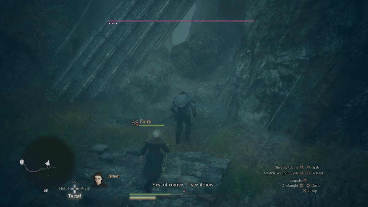 A Dragon’s Dogma 2 hero runs through the night toward the second Sphinx location for the “A Game of Wits” side quest.