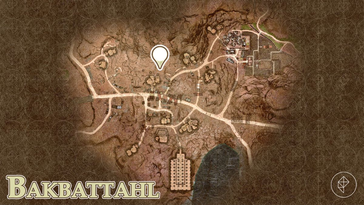 A map shows the location of Maurits in Bakbattahl for the Riddle of Futility for the “A Game of Wits” side quest in Dragon’s Dogma 2.