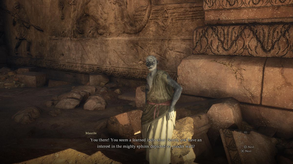 Maurits talks to the main character for the Riddle of Futility for the “A Game of Wits” side quest in Dragon’s Dogma 2.