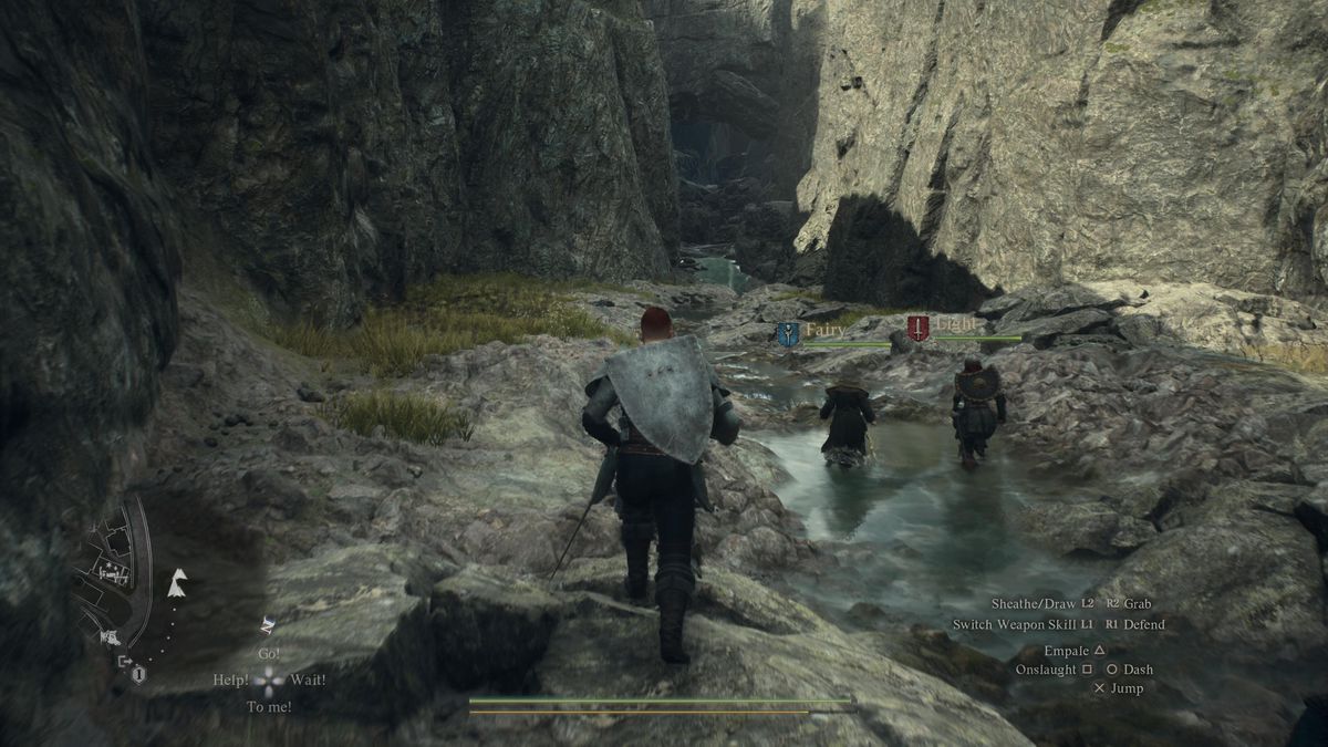 A Dragon’s Dogma 2 hero runs through a river in a ravine while finding the second Sphinx location for “A Game of Wits.”