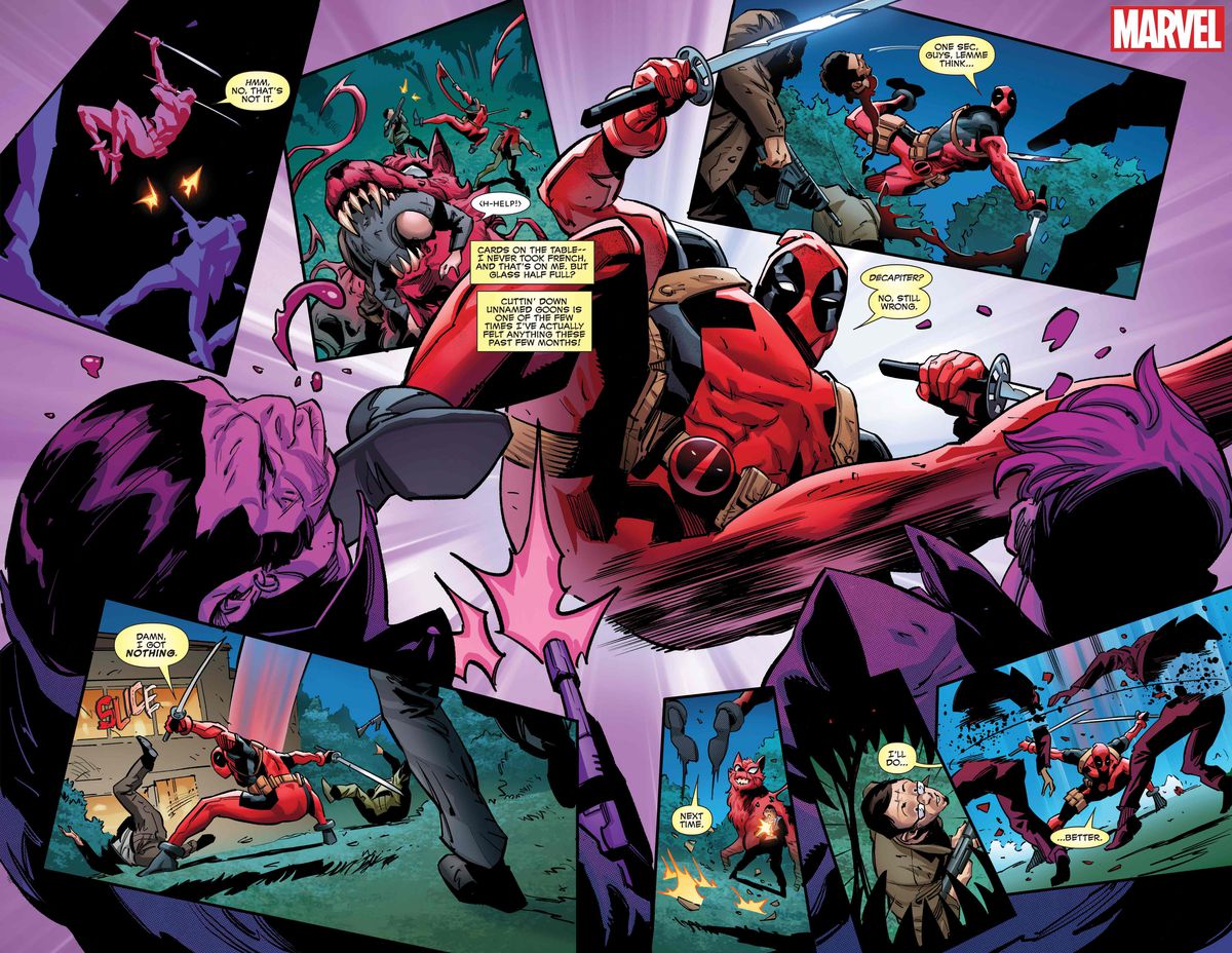 I ett stänkkollage på två sidor dödar Deadpool och Princess en miljon hantlangare på en miljon blodiga sätt när Deadpool skämtar högt samtidigt som de tänker på hur 