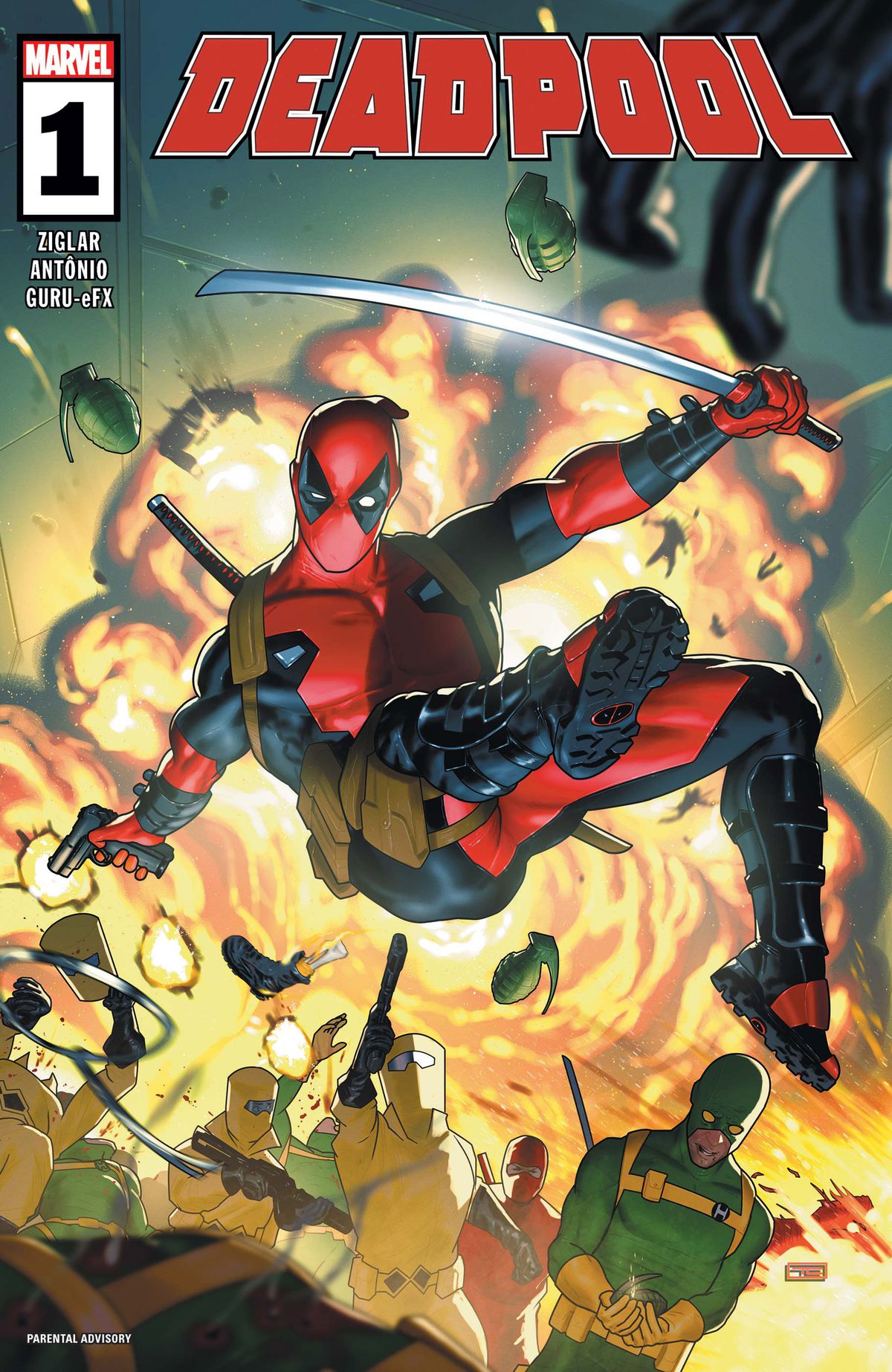 Deadpool hoppar genom en brandexplosion med en pistol och en katana, över huvudena på förvirrade AIM och Hydra-hantlangare på omslaget till Deadpool #1 (2024). 