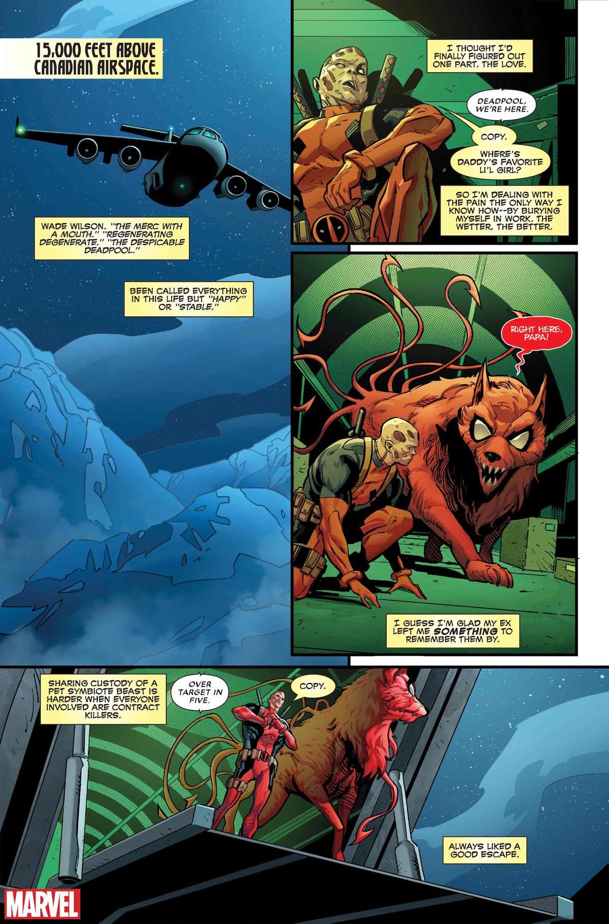 Deadpool och Princess förbereder sig för att hoppa ut ur ett plan i kanadensiskt luftrum, när han funderar över hur han begraver sig i arbetet eftersom han är ledsen över att göra slut med sitt ex i Deadpool #1 (2024). 