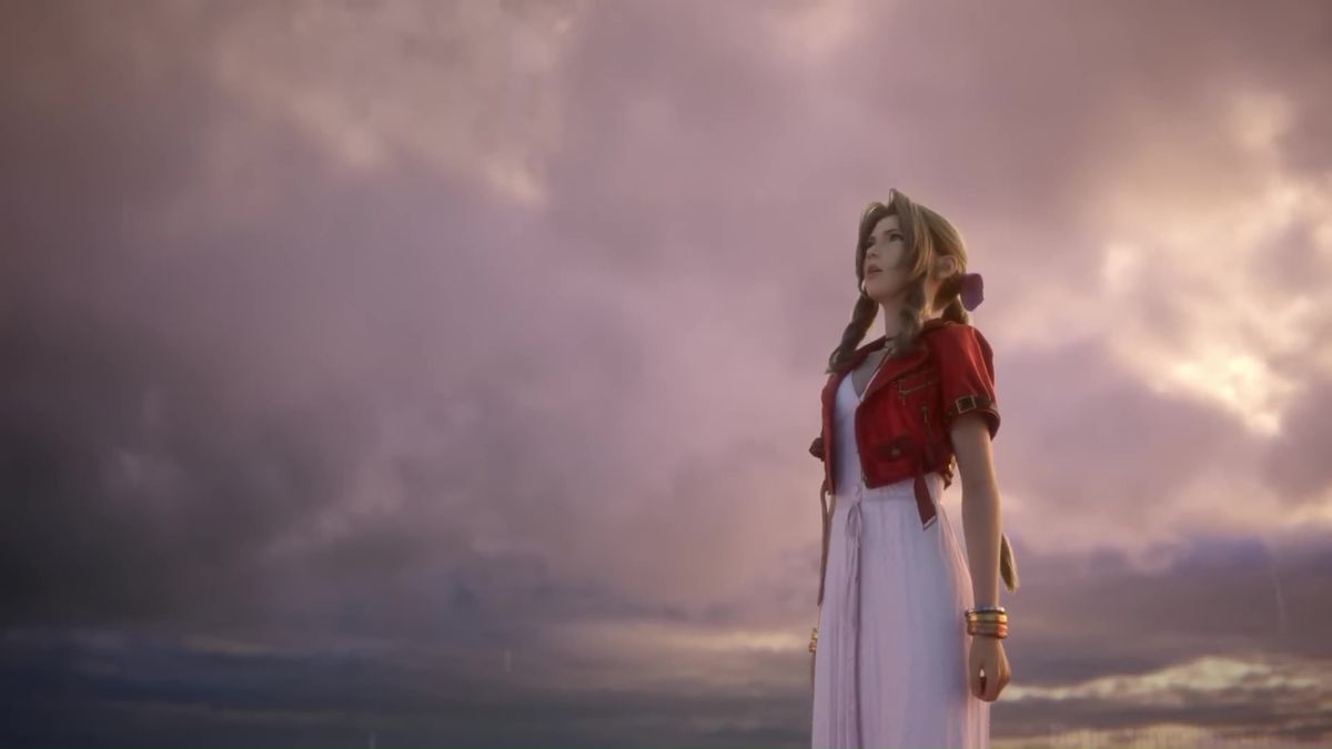 En bild av Aerith som tittar upp mot himlen i Final Fantasy 7 Remake. 