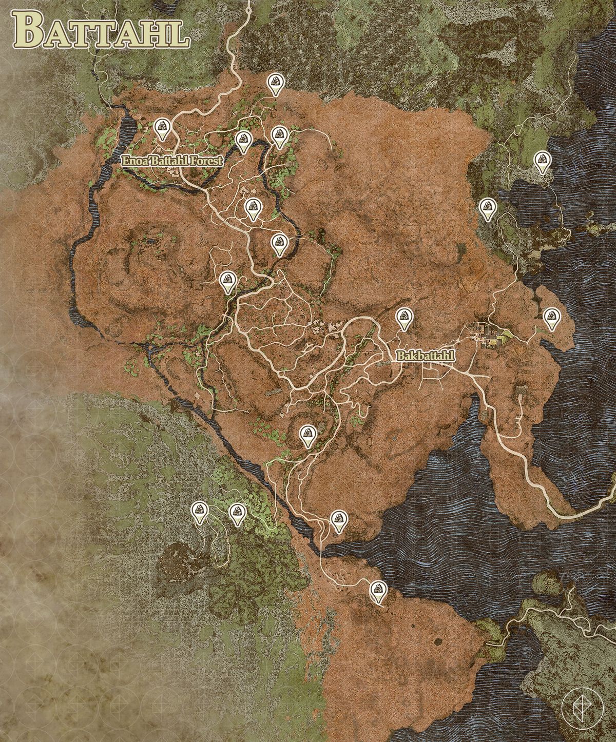 En karta visar alla riftstone-platser i Battahl i Dragon's Dogma 2.
