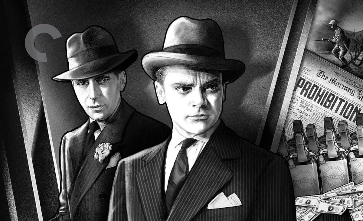 Criterion Collection-omslaget till The Roaring Twenties innehåller två gangsters i svart och vitt.
