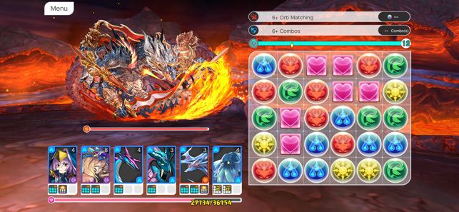 A board in Puzzle & Dragons Story, with a dragon in the background and a match puzzle to solve