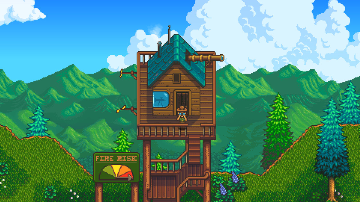 En bild av en brandutkik renderad i pixelkonst i en skärmdump från Haunted Chocolatier.  Det finns ett hus ovanpå och en karaktär med en brättad hatt står ovanpå.