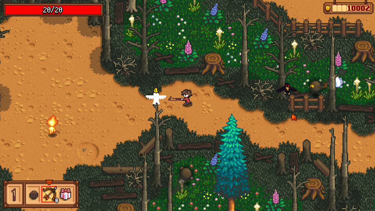 En bild av en karaktär som svingar en pinne i skogen renderad i pixelkonst i en skärmdump från Haunted Chocolatier.