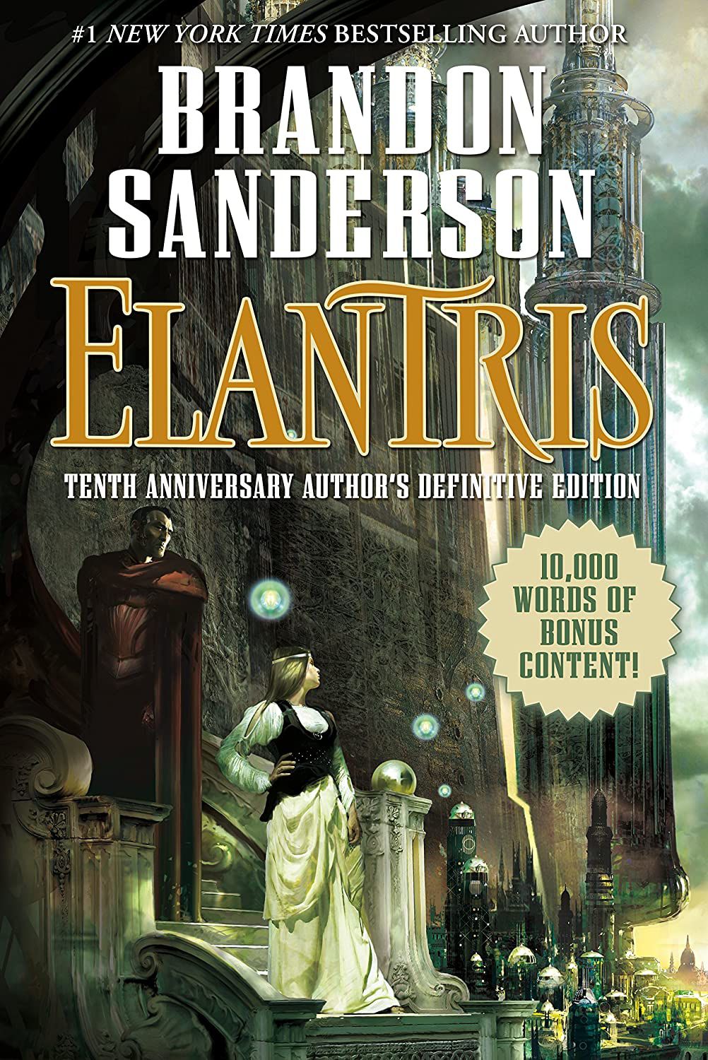 A 10th anniversary book cover for Elantris shows a woman standing on steps while looking at a city off in the distance.