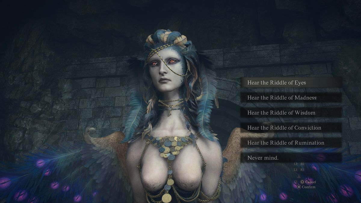 The Sphinx offers a list of five Sphinx riddles in a dialogue tree during Dragons Dogma 2.