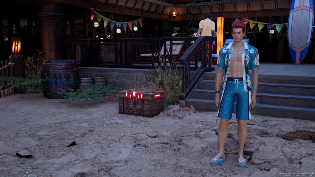 Johnny stands near the Treasure Trove chest at the Seaside Inn in Corel in Final Fantasy 7 Rebirth.