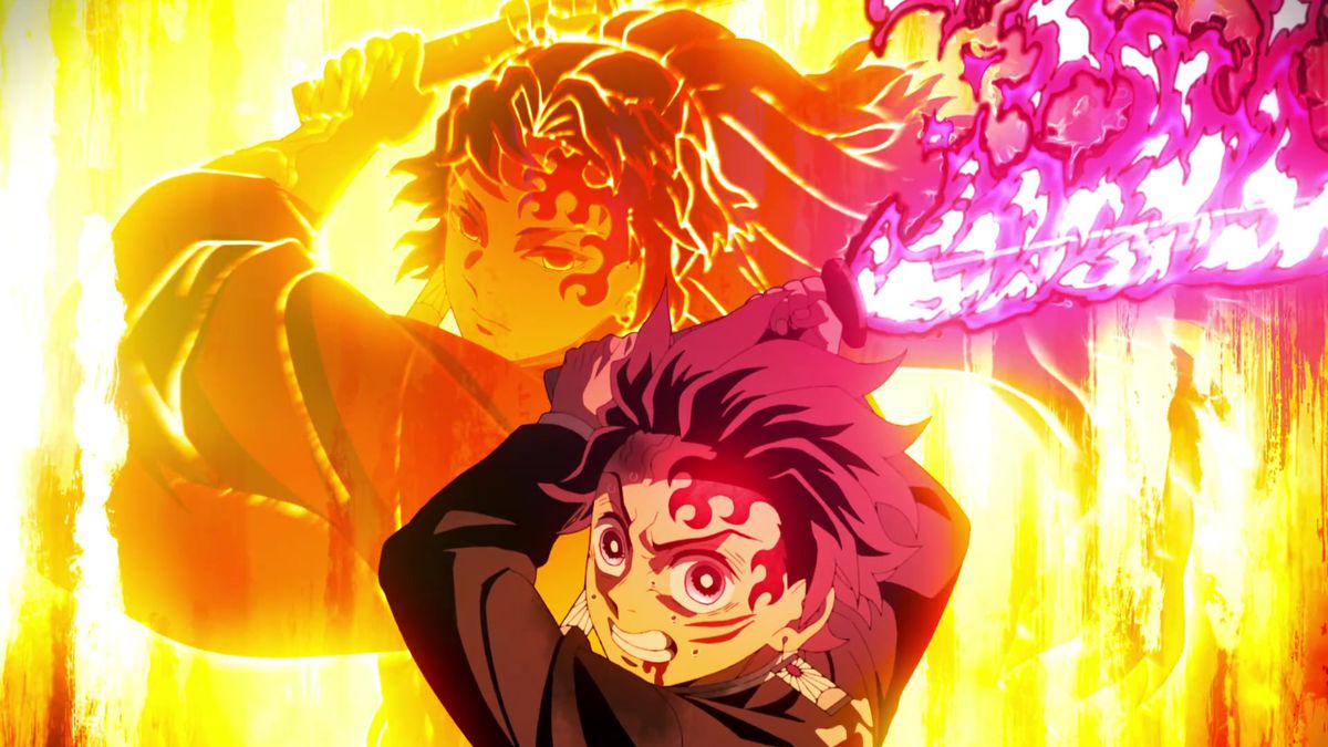 En rödhårig animepojke (Tanjiro) som håller ett flammande svärd med den spöklika bilden av en annan svärdsman med ett liknande ärr och hår i Demon Slayer: Kimetsu no Yaiba.