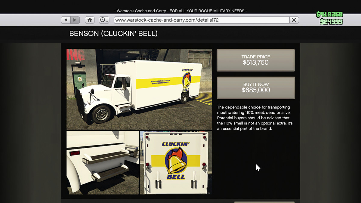 GTA Online-webbsida för Vapid Benson i Cluckin' Bell-livery