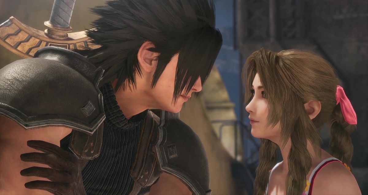 En bild av Zack och Aerith som stirrar in i varandras ögon i Crisis Core: Final Fantasy 7 Reunion. 