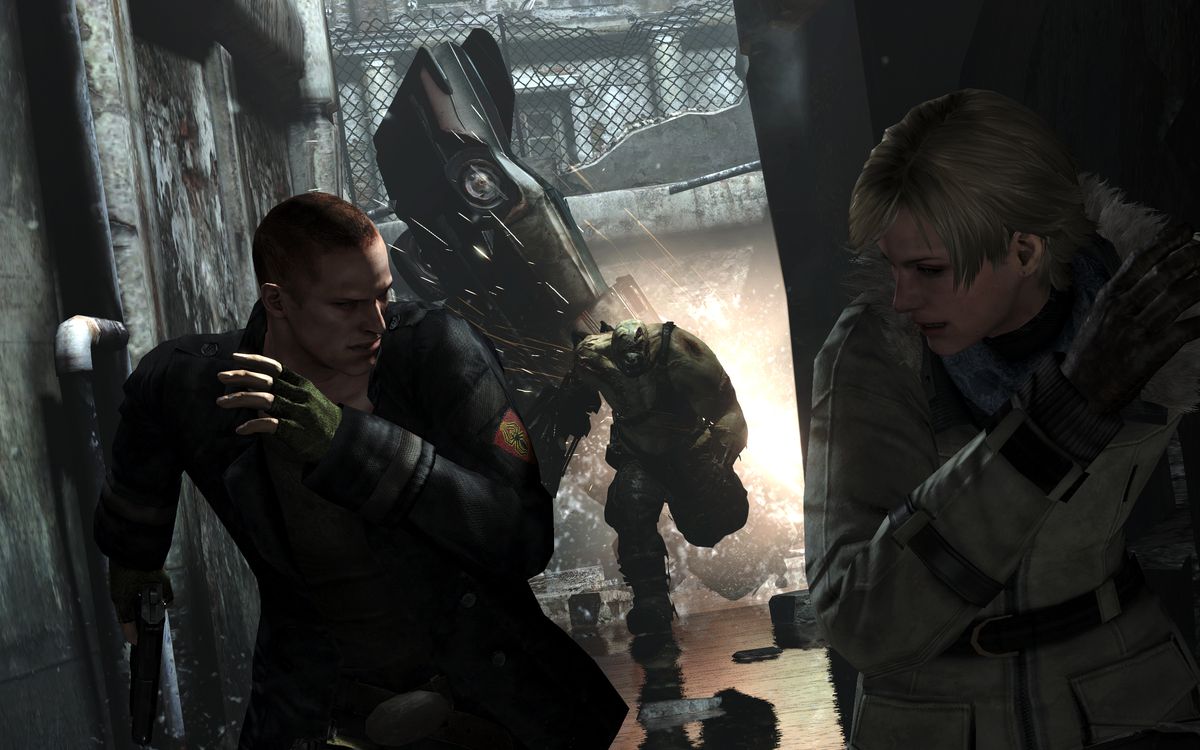 Jake Muller och Sherry Birkin springer från en BOW i Resident Evil 6