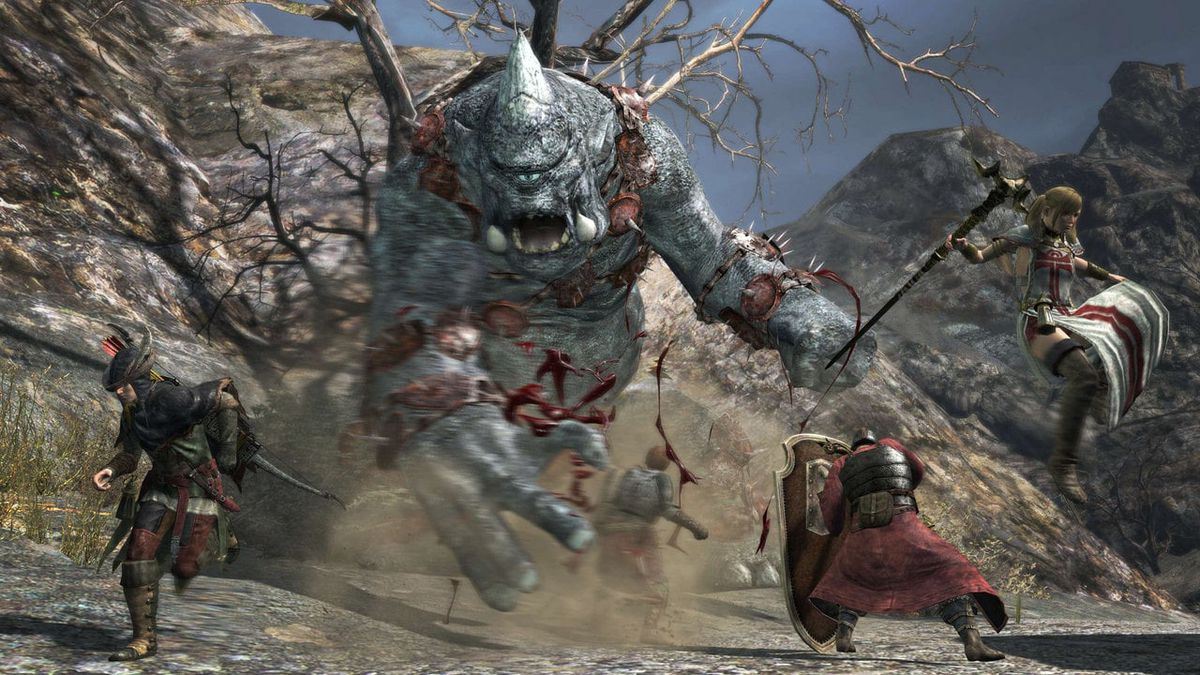 En grupp kämpar slåss mot en gigantisk cyklop i en skärmdump från Dragon's Dogma Online