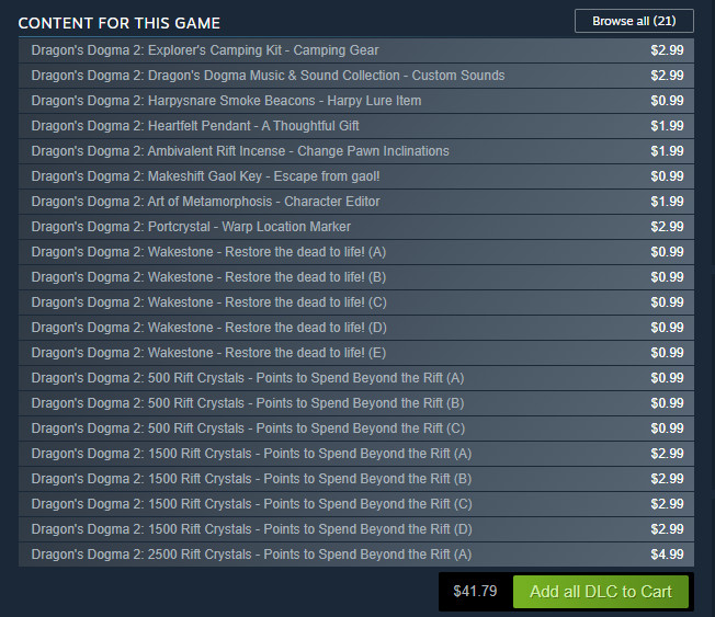 En lista över alla Dragon's Dogma 2-mikrotransaktioner på Steam när detta skrivs.  De kostar $41,79 totalt