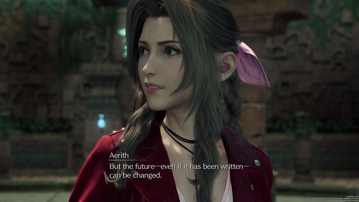 Aerith, looking hopeful, says, “But the future — even if it has been written — can be changed.”