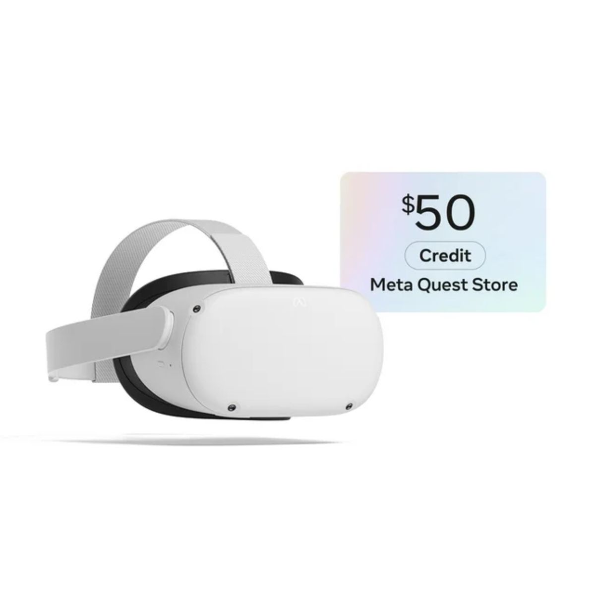 En bild som visar Meta Quest 2-headsetet sittande bredvid en bild av ett presentkort i Meta Quest Store med $50 skrivet på.