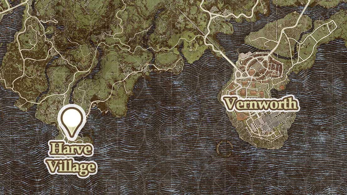 En karta visar platsen för Harve Village där du kan låsa upp Mystic Spearhand-kallelsen i Dragon's Dogma 2.