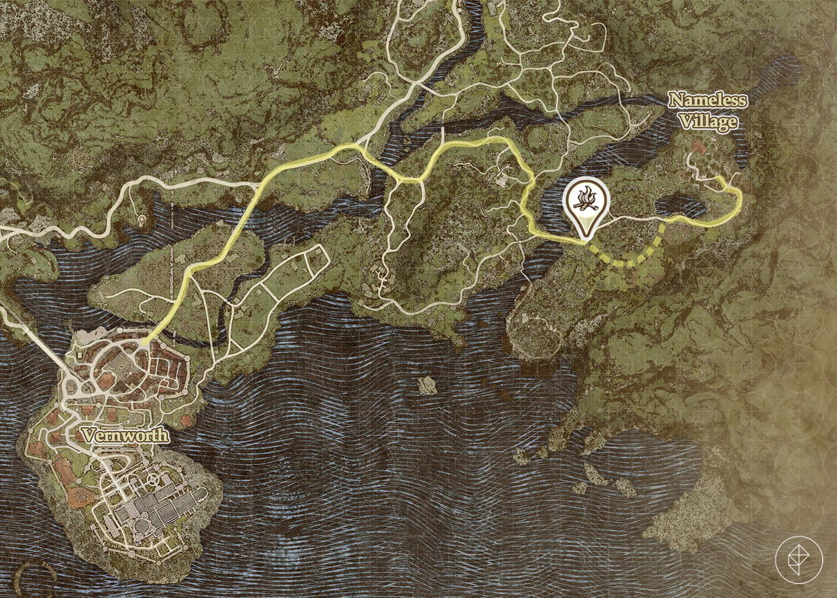 Dragon's Dogma 2-karta som visar rutten (och omvägen) till den namnlösa byn.