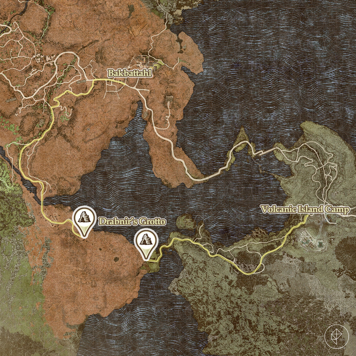 Dragon's Dogma 2-karta som visar en bakväg från Bakbattahl till vulkanön Agamen
