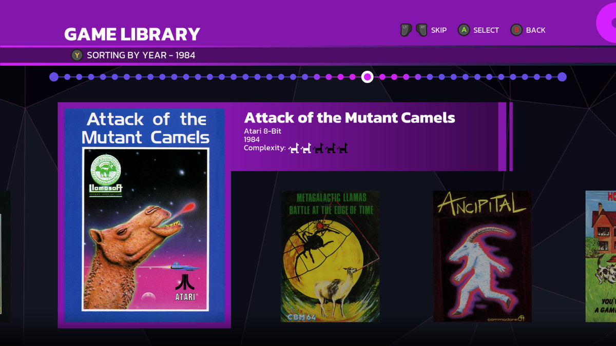 Omslagsbild för Attack of the Mutant Camels på spelbiblioteksskärmen i Llamasoft: The Jeff Minter Story