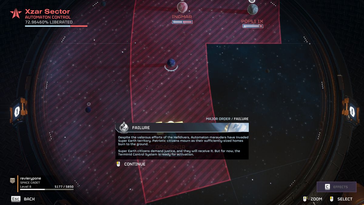 En skärmdump av Helldivers 2-kartmenyn som visar en textruta som säger: 