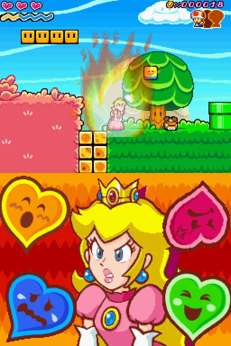 En skärmdump av Super Princess Peach, som visar henne använda sina Rage Vibe-krafter för att bränna en Goomba