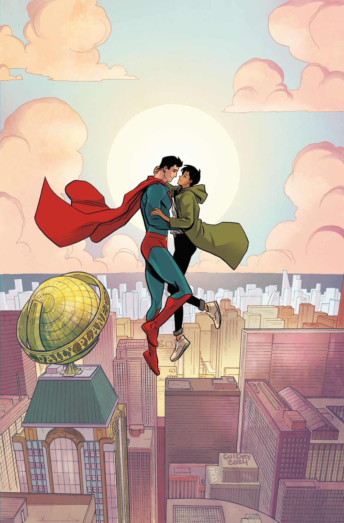 Stålmannen och Lois omfamnar sig, siluetterade av solen, när de svävar ovanför Metroplis på ett omslag till My Adventures With Superman #1. 