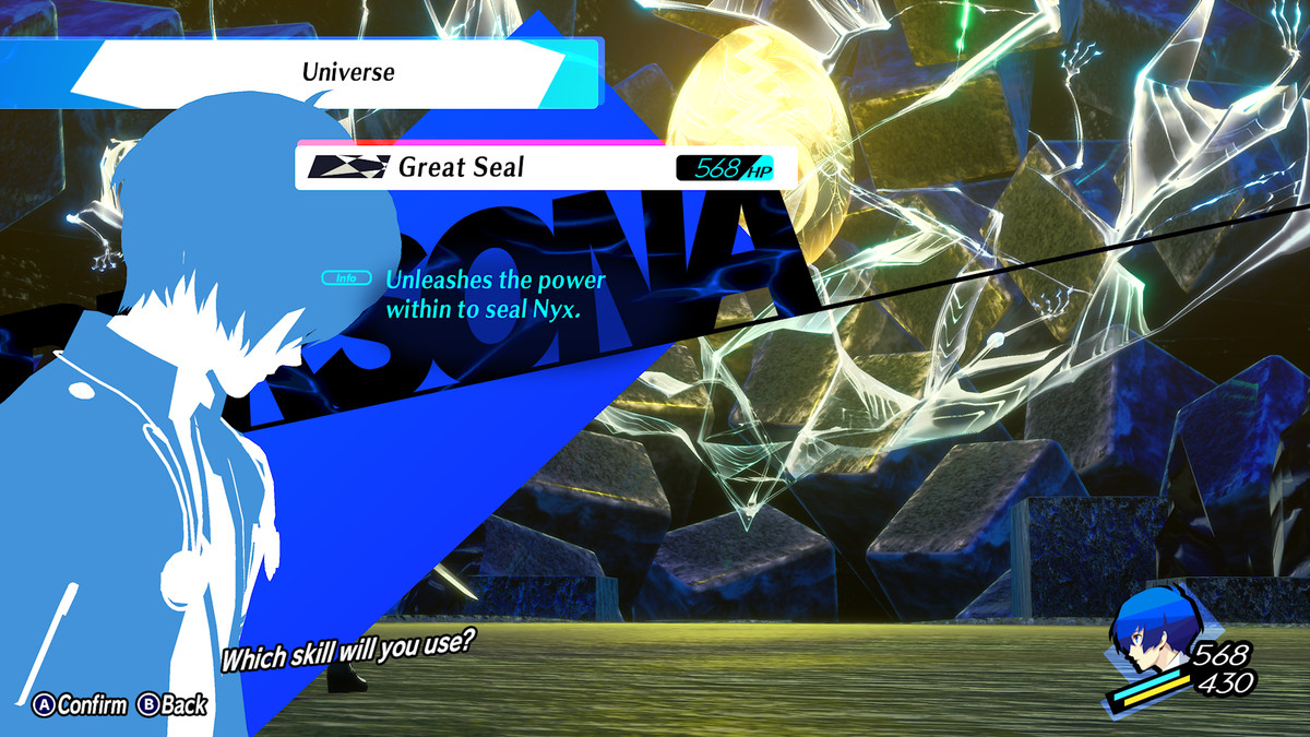 Huvudpersonen använder förmågan Great Seal i Persona 3 Reload
