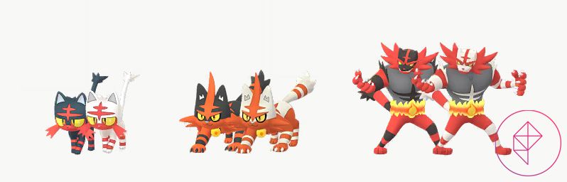 Shiny Litten, Torracat och Incineroar med sina vanliga versioner i Pokémon Go.  Alla tre får en vit päls i stället för svart.