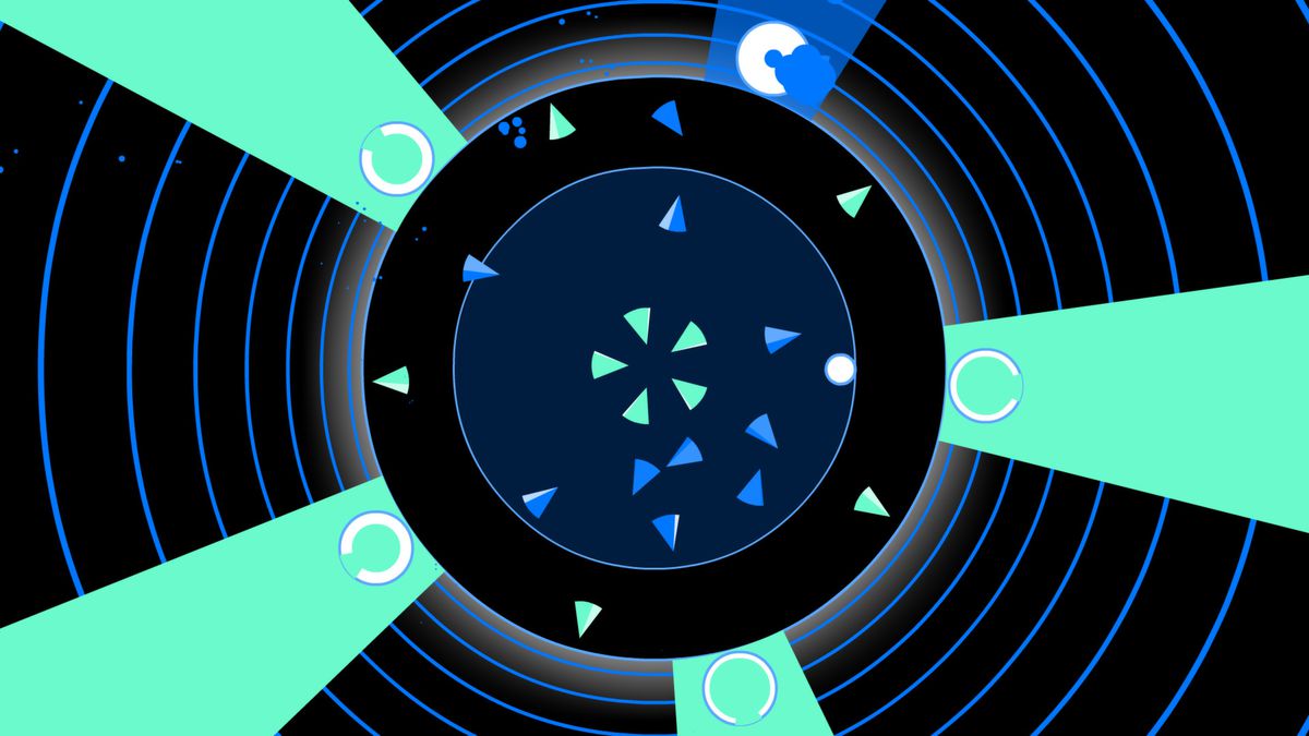 En skärmdump från Soundodger+ som visar mörka cirklar med små blåa och gröna trianglar inuti.  Gröna strålar härrör från den yttre kanten av cirkeln.