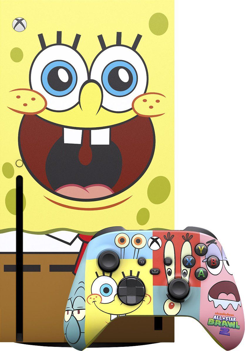 En Xbox Series X dekorerad för att se ut som en leende Svampbob Fyrkant, bredvid en Xbox-kontroller dekorerad med Svampbobs, Mr. Krabs, Squidwards och Patricks ansikten.