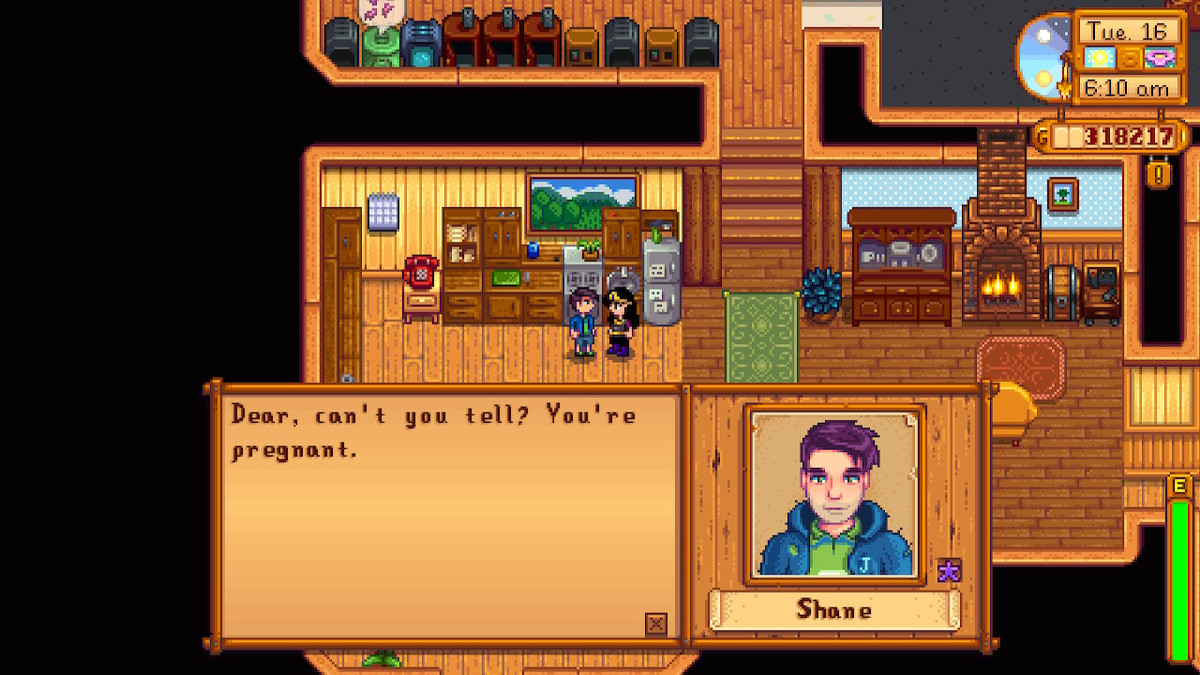 Shane från Stardew Valley berättar för en spelaravatar att de är gravida