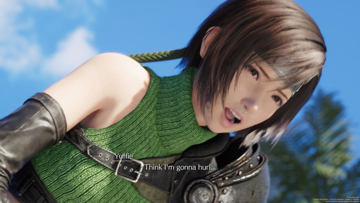 En bild av Yuffie som är sjuk och på väg att kräkas efter att ha åkt i en bil i Final Fantasy 7 Rebirth.