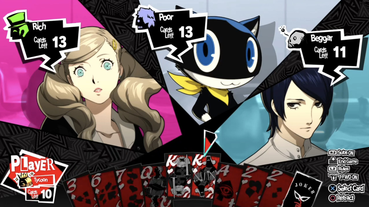 A screenshot of Tycoon, the card game within Persona 5 Royal