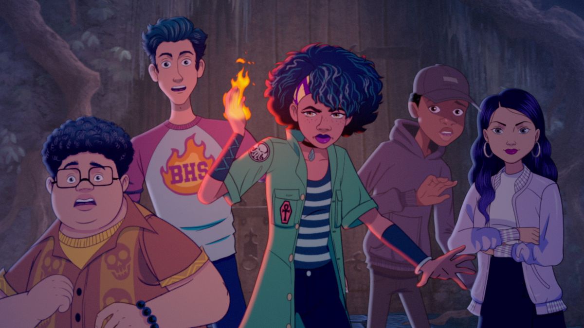 A group of five teenagers. Three of the boys look scared, while a Black girl with a flaming fist looks determined. Next to her, is an Asian girl who looks similarly determined.