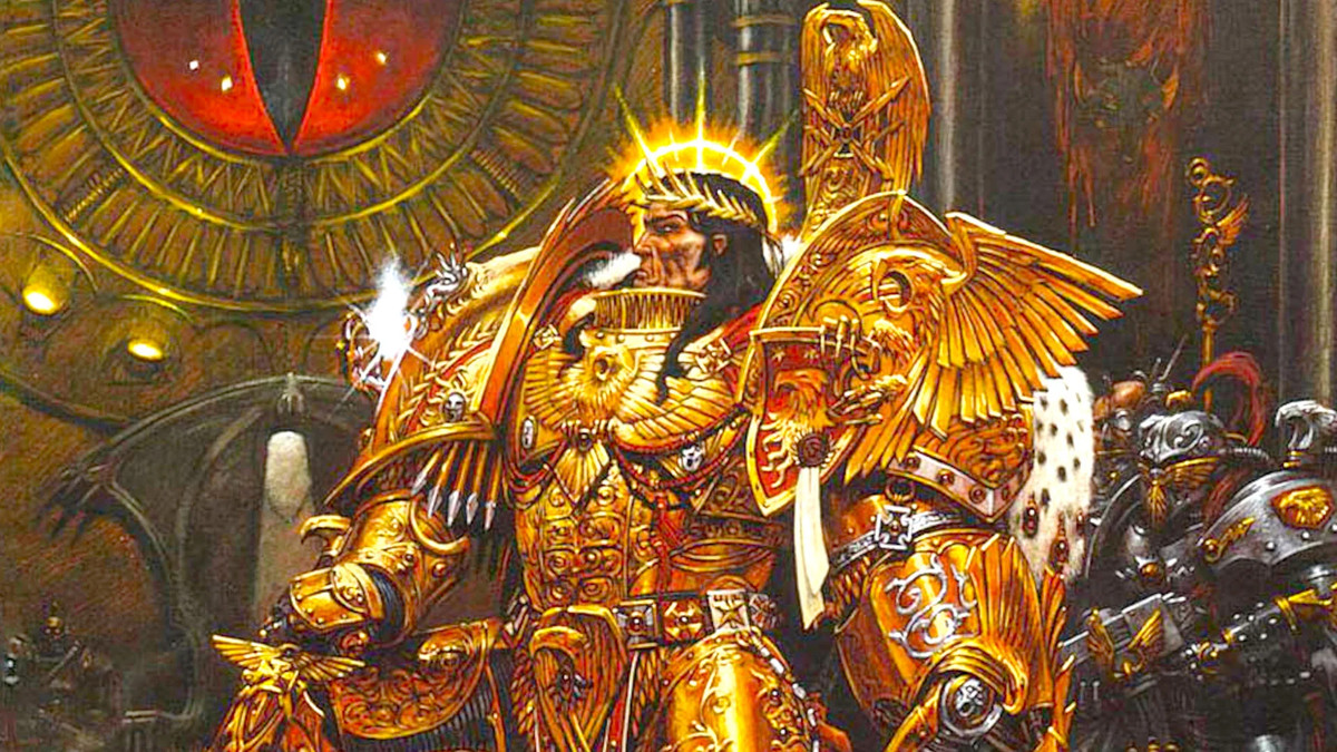 Mänsklighetens Gud-kejsare ombord på Horus flaggskepp, The Vengeful Spirit, i hans sista uppgörelse.  Denna ikoniska konst har refererats till händelserna i The End and the Death Vol.  3.