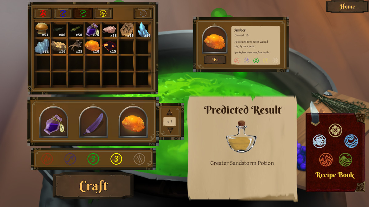 En skärmdump av skärmbilden för tillverkning av drycker i Potions: A Curious Tale, som visar flera ingredienser och en färdig dryck i en glasflaska märkt Greater Sandstorm Potion