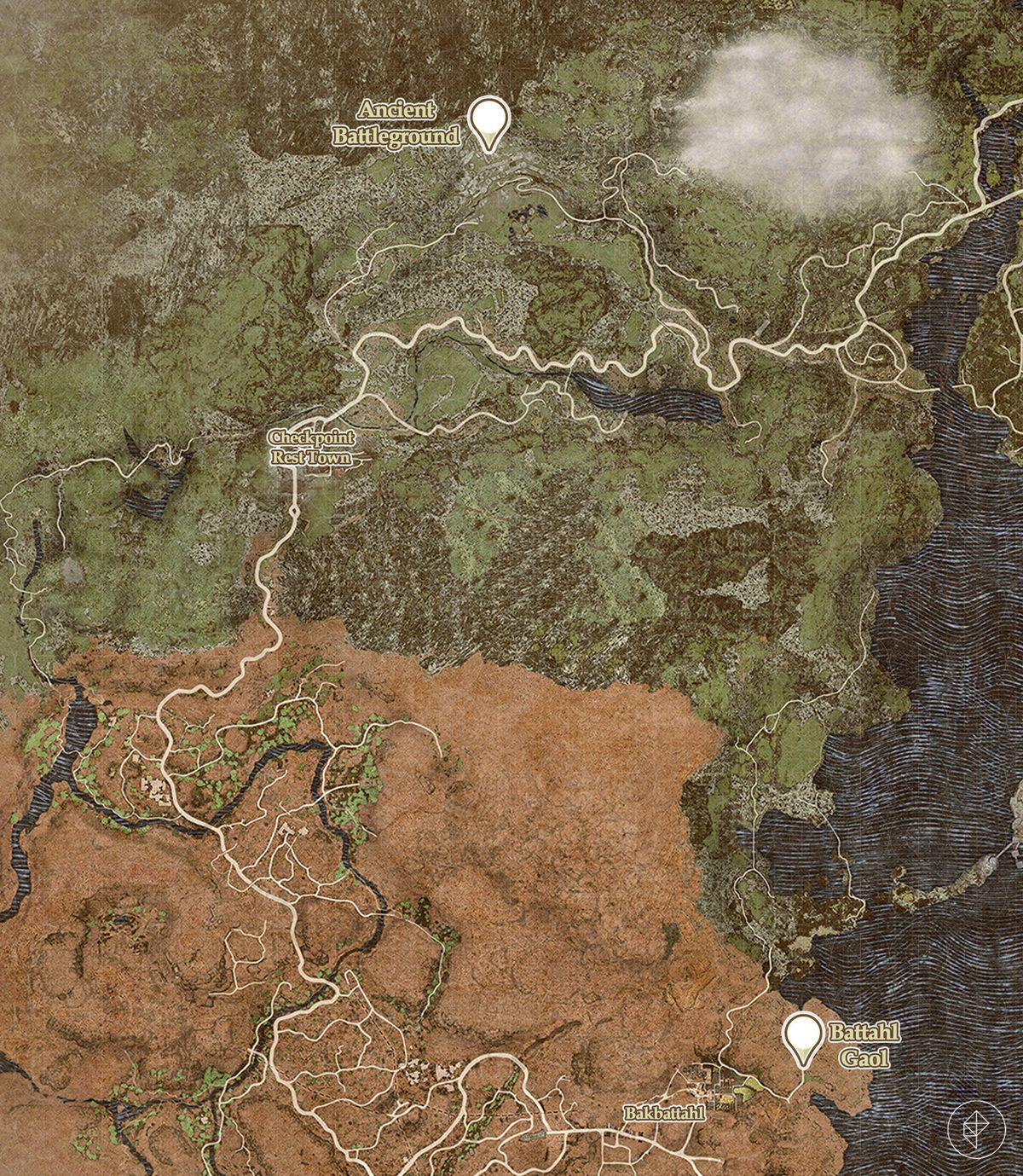 Dragon's Dogma 2-karta som visar platserna för Battahl-fängelset och den antika slagmarken