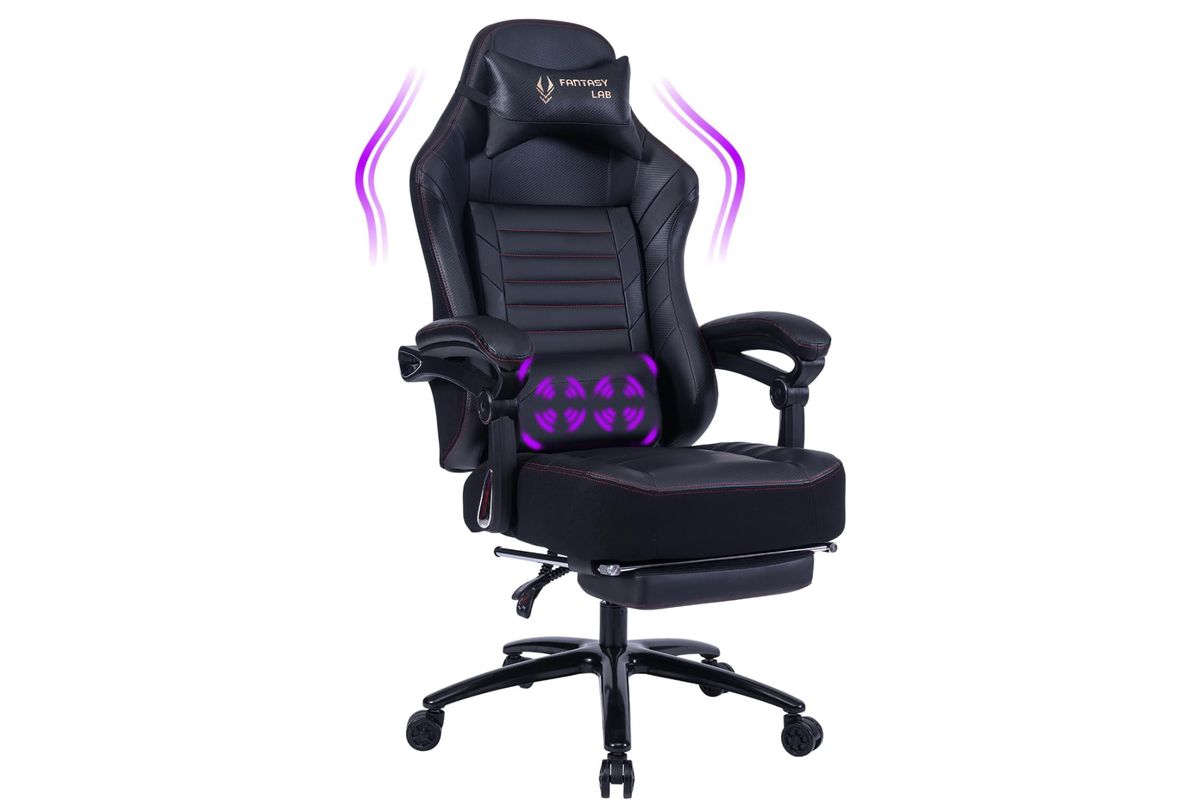 The Fantasylab Memory Foam Big & Tall gaming chair is shown, complete with thick memory foam padding on the seat, neck pillow, and arm rests.